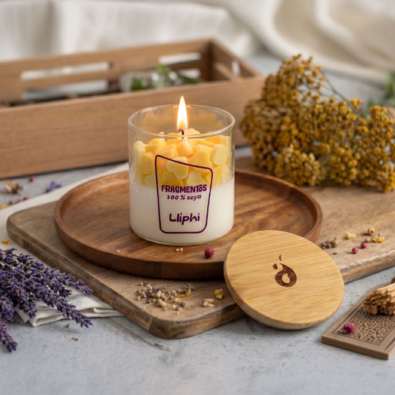 Vela artesanal Renacer — tonos amarillo suave, fragancia Tuscan Capres